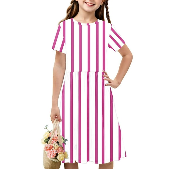 Girls Dresses 4-14Y Teens Kids Trendy Short Sleeve Crewneck Stripe Printed Pleated Pullover Going-Out Beach A-Line Midi Dress