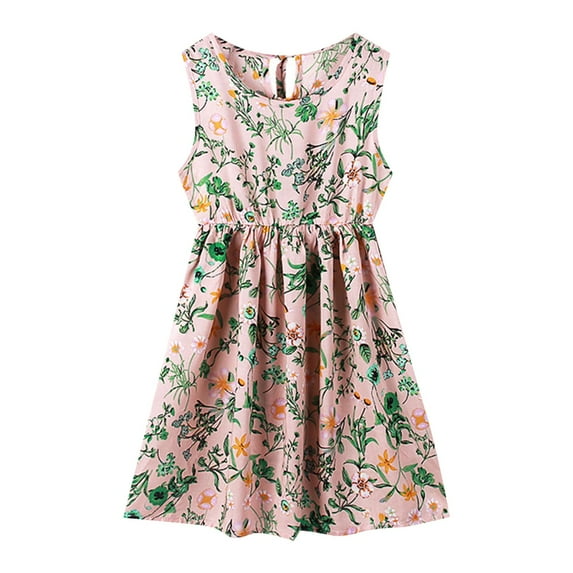 Girls' Dresses 5-6 Years A-Line Summer Fruit Floral Print Sleeveless Casual Fit & Flare Adorable Daily Colorful Lightweight Delicate Pink Sundress