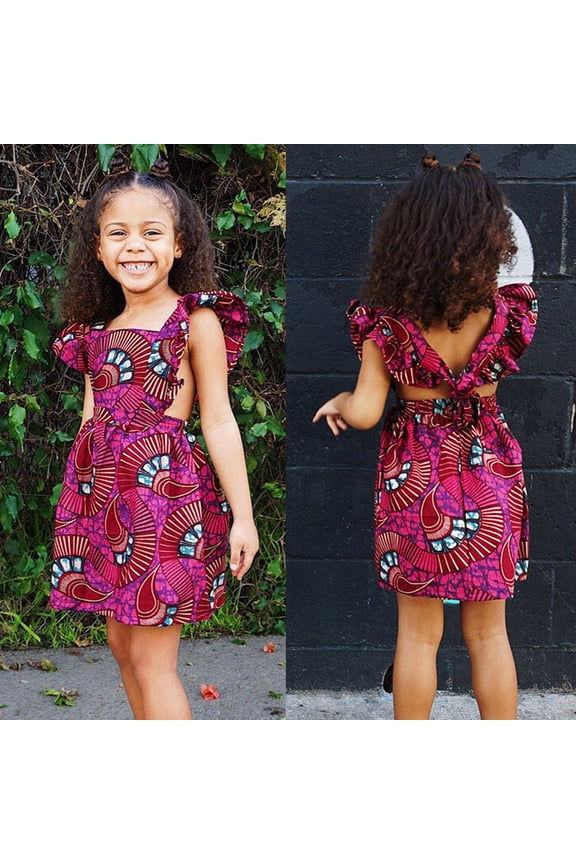 Girls' Dresses African Traditional Style Fly Sleeve Backless Ankara Princess Kids Outfits