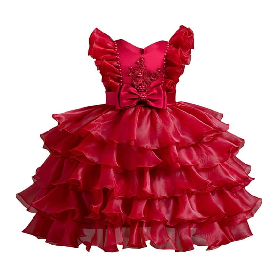 Girls Dresses Baby Children Flower Fly Sleeve Mesh Tutu Prom Dresses Party Evening Wedding Princess Dress Size 6 Y-7 Y