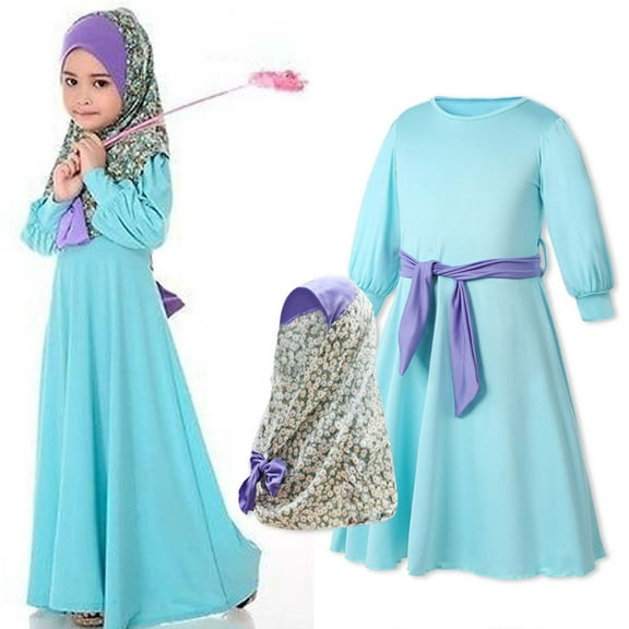 Girls Dresses,Baby Girl Kids Muslim Dress,Two Piece Prayer Maxi Dress Hijab Islamic Abaya Long Sleeve Solid A Line Swing Dress Kids 2-9 Years Blue 6-7 Years