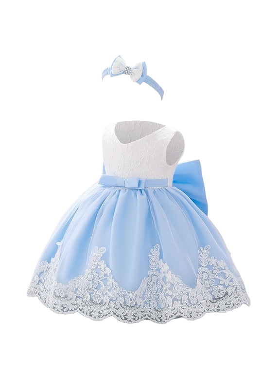 Girls Dresses Baby Girls Pageant Baptism Lace Dress Bowknot Flower Dresses Wedding Christening Tutu Gown First Birthday Outfit Sky Blue 70