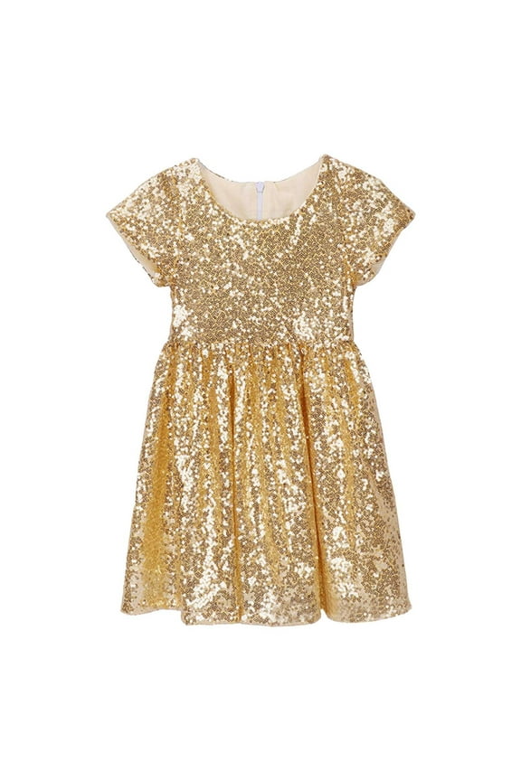 Girls Dresses Baby Kids Short Sleeve Solid Sequin Party Bridesmaid Wedding Gown Dresses Toddler Dress Gold 4 Y