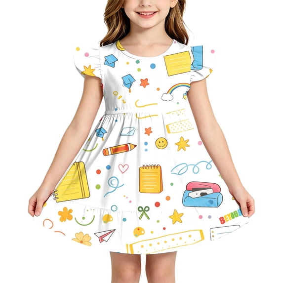 Girls Dresses Back To School Flutter Sleeve Ruched Crew Neck Cartoon Print Breathable Dress Girls School Uniform Size 3-4 Years