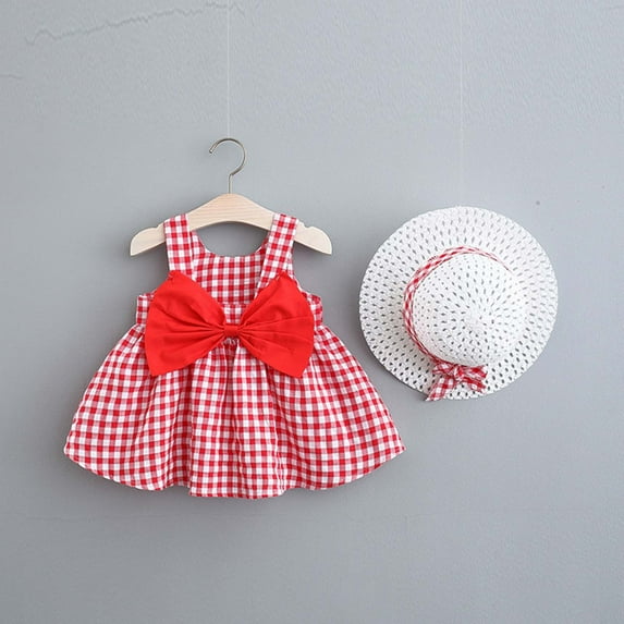 LoyisViDion Baby Girls Dress Clearance Toddler Kids Baby Girl Summer Bowknot Bowknot Checked Sling Dress with Hat Red 3-4years