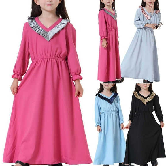 Girls Dresses,Big Girls Teenagers Muslim Dress,Prayer Maxi Dress Hijab Islamic Abaya Long Sleeve Striped Round Neck Pleated A Line Swing Dress 4-17 Years Hot Pink 4-5 Years