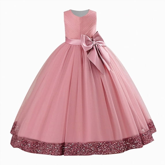 Girls Dresses Birthday Wedding Dresses for Girls Sleeveless Sequin Puffy Skirt with Double Bows