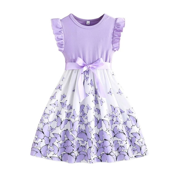 Girls Dresses Butterflies Print Bowknot Ruffle Sleeves A Line Round Neck Dresses Girls Spring Dress Purple 7-8 Years