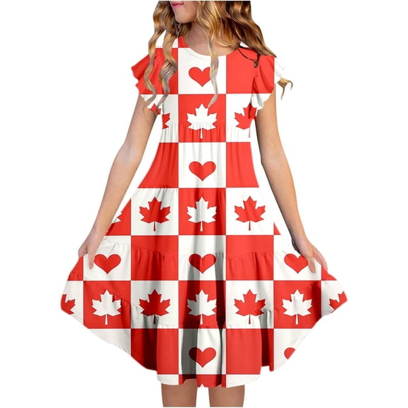 Girls' Dresses Canada Day Floral Maple Leaf Print Tiered A Line Flutter Sleeves Pockets Girls Birthday Dress