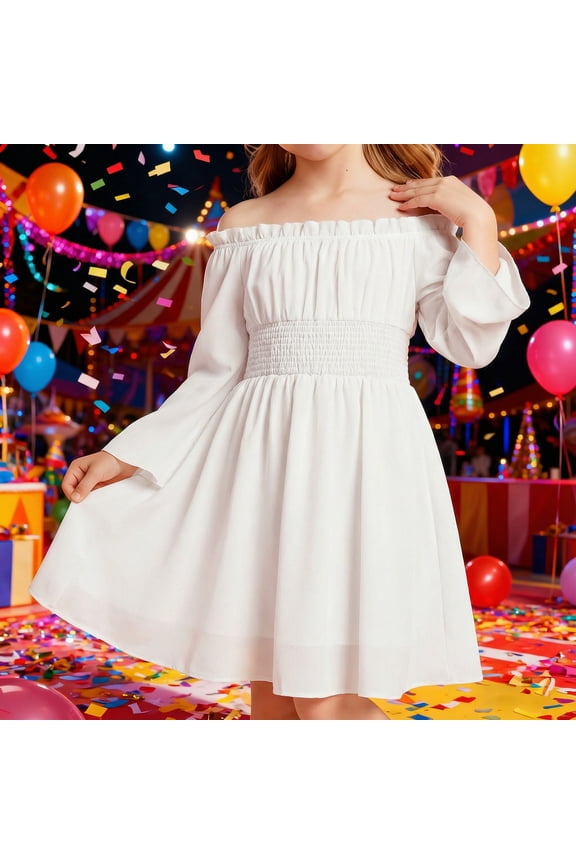 Girls Dresses Carnival Long Sleeve Solid One-Shoulder Dresses for Themed Parties Girls Party Dress White 13-14 Years