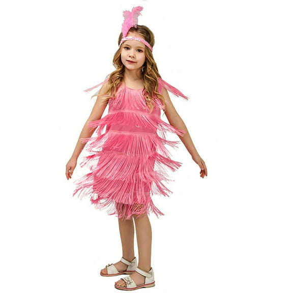 Girls Dresses Casual Flapper Sequin Fringe Latin Dance Dress with Tassel Tango and Feather Headband for Girls