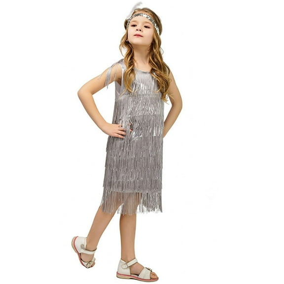 Girls Dresses Casual Flapper Sequin Fringe Latin Dance Dress with Tassel Tango and Feather Headband for Girls