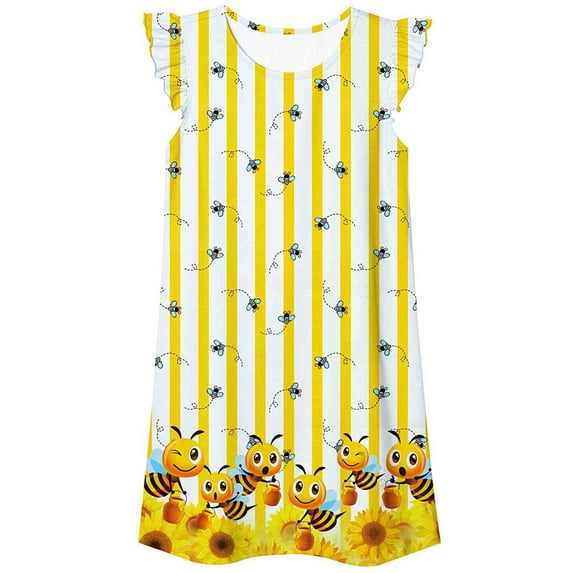 Girls Dresses Casual Homewear Cute Fly Sleeve Cute Cartoon Print Nightgowns Cute Summer Black Sizes 9-10 Dress For Girls