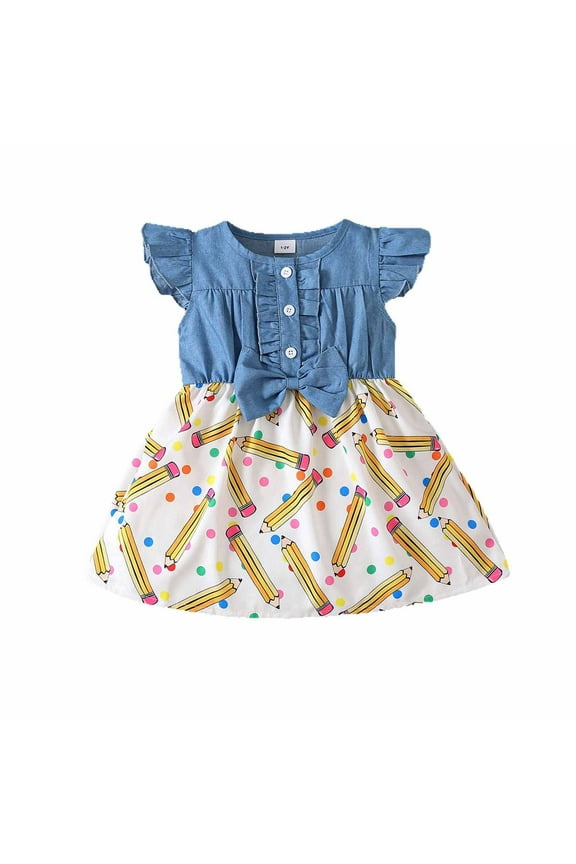 Girls Dresses Casual Playful Flutter Sleeve Bow Tie Print Pencil Dress for Toddler Kids Spring Summer School Season Elastic Waist