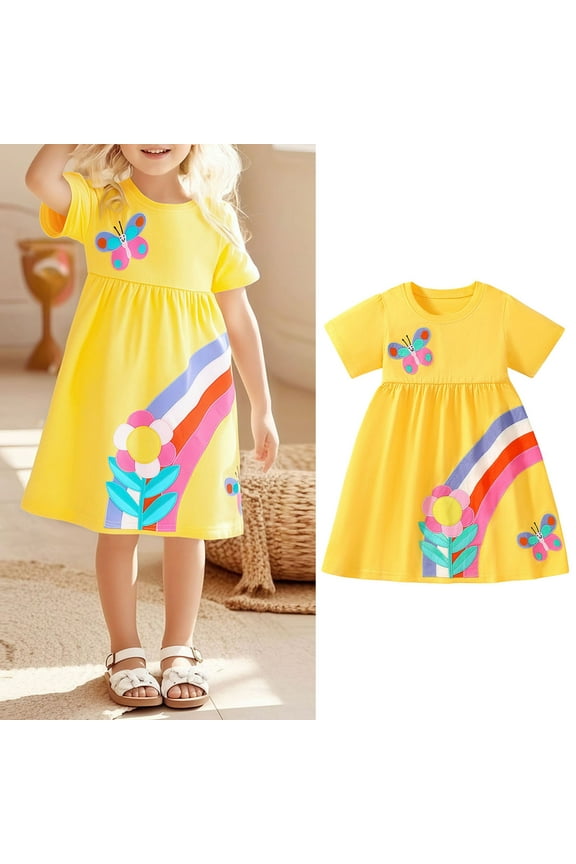 Girls' Dresses Casual Short Sleeve Sunflower Rainbow Print Kids Clothes