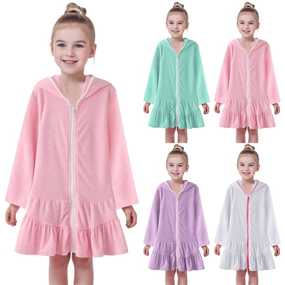 Girls Dresses Child Long Sleeve Hooded Absorbent Beach Swim Cover Up Dress Girls Dress Pink 1-2 Years