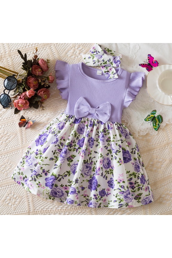 Girls' Dresses Children Fly Sleeve Flowers Print Bowknot Headband Suit Kids Outfits