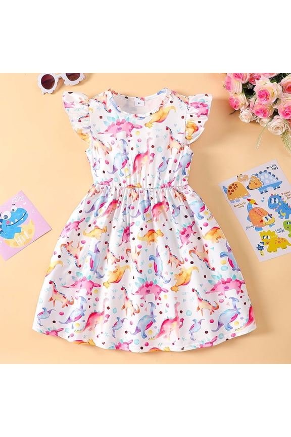 Girls' Dresses Children Short Sleeve Cartoon Print Kids Clothing