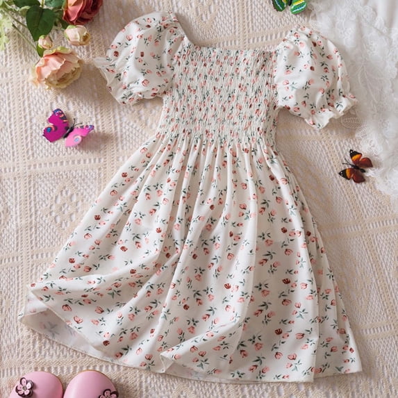 Girls Dresses Children Short Sleeve Flowers Print Kids Clothing