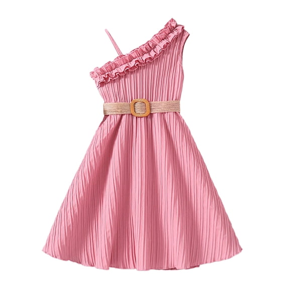 Girls Dresses Children Spring Summer Strap Ruffles Solid Color Casual Dress with Belt Party Princess Dress Size 9 Y-10 Y