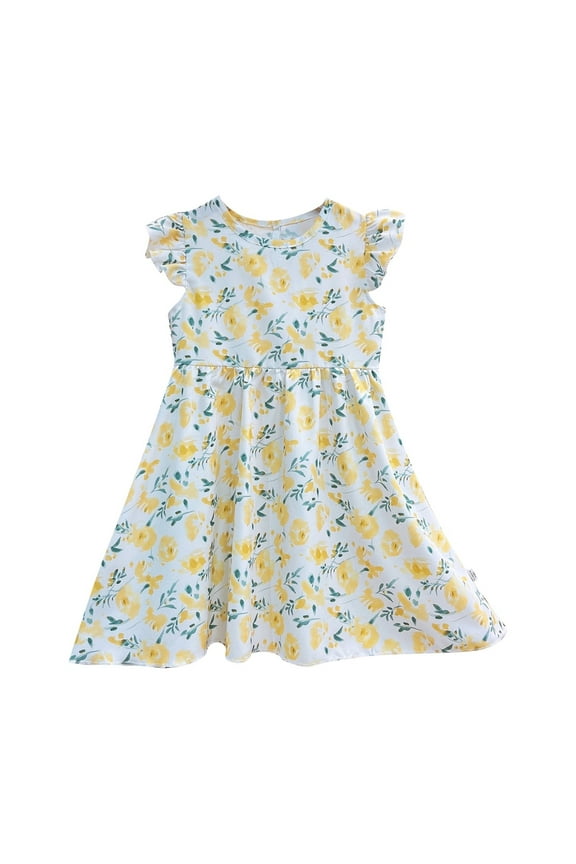 Girls Dresses Children's Casual Fashion Floral Knee Length Flying Sleeve Dress Casual Dress For Kids,Little Girls Size 5-6T,Green