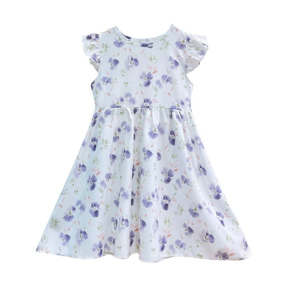 Girls Dresses Children's Casual Fashion Floral Knee Length Flying Sleeve Dress Casual Dress For Kids,Little Girls Size 5-6T,Purple