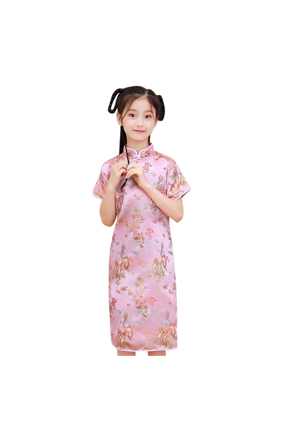 Girls' Dresses Chinese New Year Short Sleeve Cheongsam Party Floral Dresses Baby Girl Dress Pink 12-18 Months
