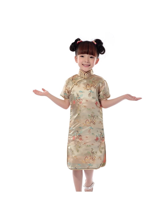 Girls' Dresses Chinese Qipao Baby Year Clothing Floral Short Sleeve Cheongsam Kids Girls Clothes Size 130