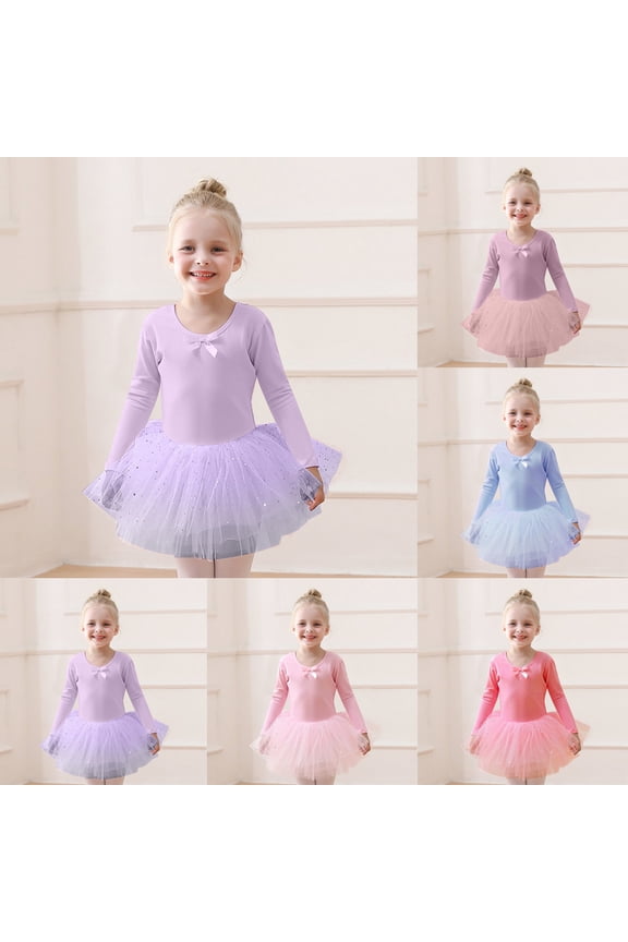 Girls Dresses Classical Ballerina Practice Sequins Tutu Skirted Dance Leotard Elegant Long Sleeve Ballerina Bodysuit Baby Girl Clothes Pink 9-10Years
