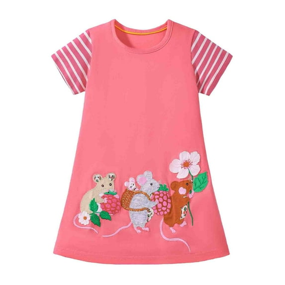 Girls Dresses Clothing Short Sleeved Knitted Crewneck Cartoon Print Cute Girl's Dress