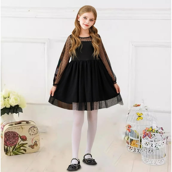 Girls Dresses Contrast Mesh Puff Long Sleeve High Waist A Line Short Dress Toddler Tulle Dress for Girls 5-6 Years