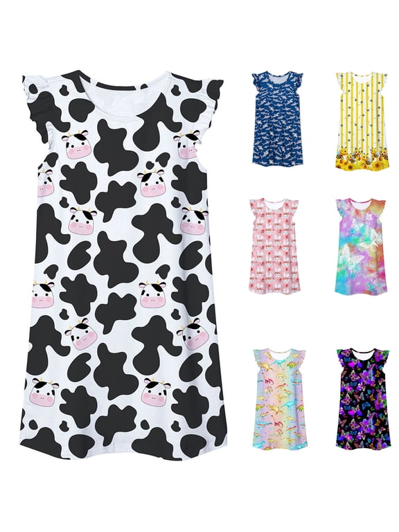 Girls Dresses Crew Neck Flutter Sleeve Allover Print Short Sleeve Dress for Home Loungewear Size L
