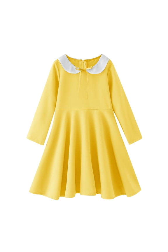 Girls Dresses Dance Kids Summer A Line Draped Pleat Solid Knee Length Peter Pan Collar Long Sleeve Baby Toddler Princess Dress & Sun Dress