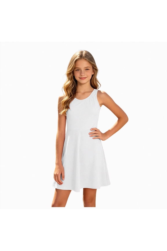 Girls Dresses Double Lined Crewneck Casual Dance Tennis Athletic Pockets Knee Length Sleeveless Teen
