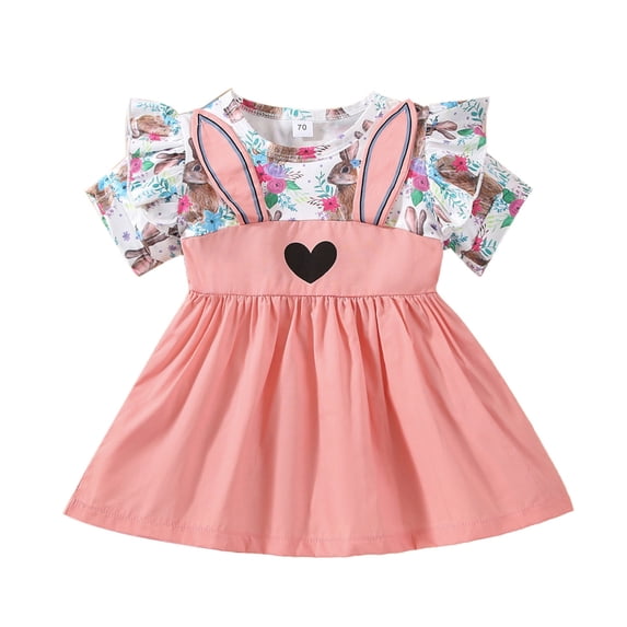 Girls Dresses Easter Ruffles Short Sleeve Cartoon Rabbit Print Dresses Baby Girl Dress Pink 3 Months-6 Months