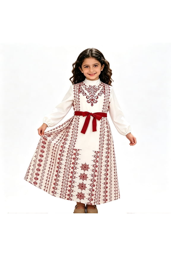 Girls Dresses Elegant Floral Print Long Traditional Turkish Robe Middle Abaya Gown Girls Fancy Dress