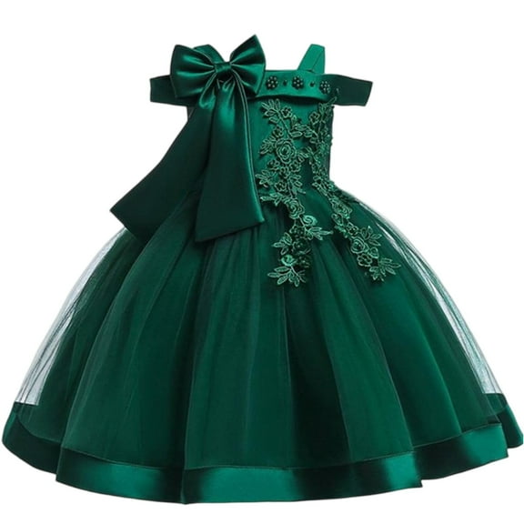 Girls Dresses Elegant Flower Embroidered Tulle Dress with Bow Off Shoulder Birthday Party Princess Gown