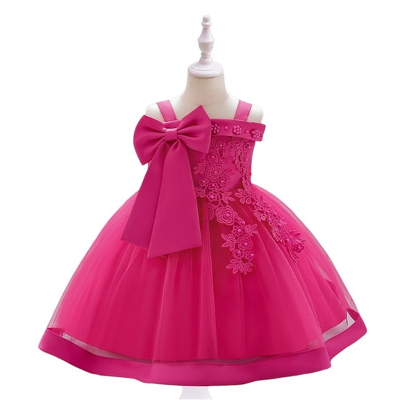 Girls Dresses Elegant Flower Embroidered Tulle Dress with Bow Off Shoulder Birthday Party Princess Gown