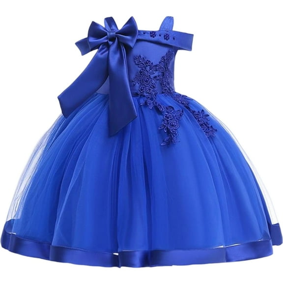 Girls Dresses Elegant Flower Embroidered Tulle Dress with Bow Off Shoulder Birthday Party Princess Gown