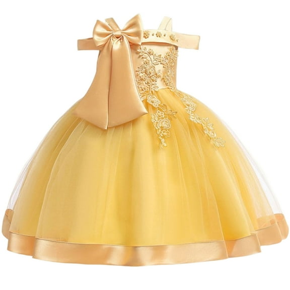 Girls Dresses Elegant Flower Embroidered Tulle Dress with Bow Off Shoulder Birthday Party Princess Gown