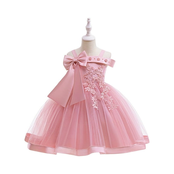 Girls Dresses Elegant Flower Embroidered Tulle Dress with Bow Off Shoulder Birthday Party Princess Gown