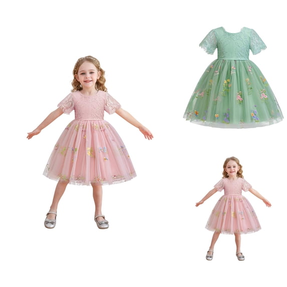 Girls Dresses Elegant Lace Flower Embroidery Party Dress for Toddler Kids Spring Summer Casual Beach School Outfit Girls Princess Dress for Wedding