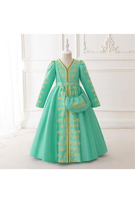 Girls' Dresses Ethnic Skirt Loose Embroidered Skirt Long Sleeve Robe Bag Kids Clothes