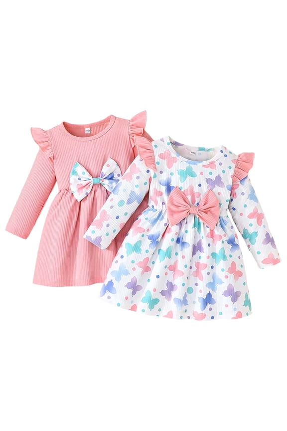 Girls Dresses Fall Long Sleeve Solid Color with Print Two Piece A Line Crew Neck Pink Dress Size 12-18 M