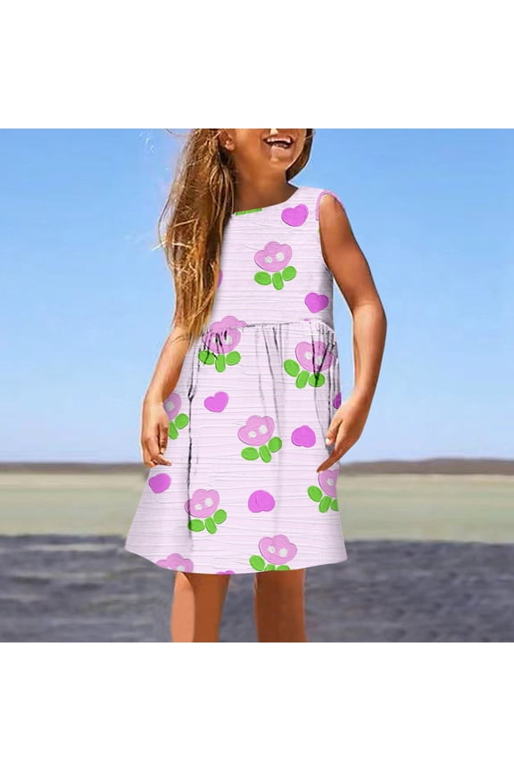 Girls Dresses Fashion Cute Spring Summer Print Round Neck Sleeveless Casual Kids Clothing