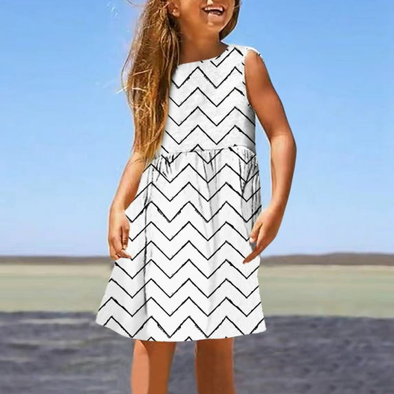 Girls Dresses Fashion Cute Spring Summer Print Round Neck Sleeveless Casual Kids Outfits