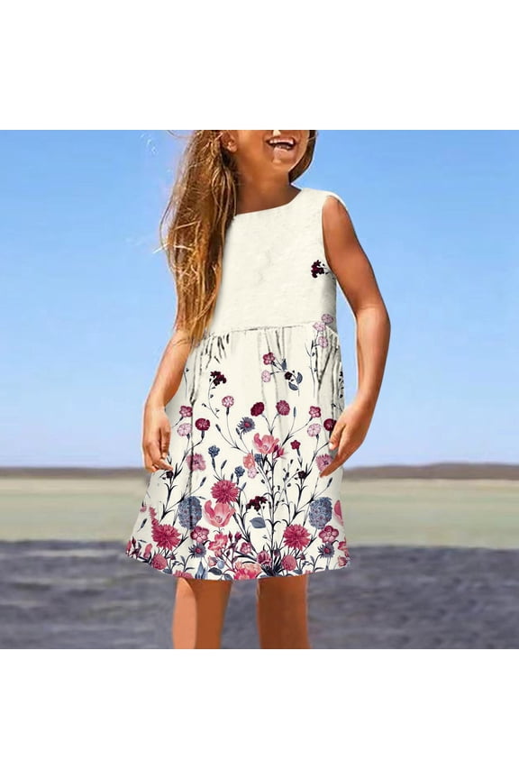 Girls' Dresses Fashion Cute Spring Summer Print Round Neck Sleeveless Casual Kids Outfits