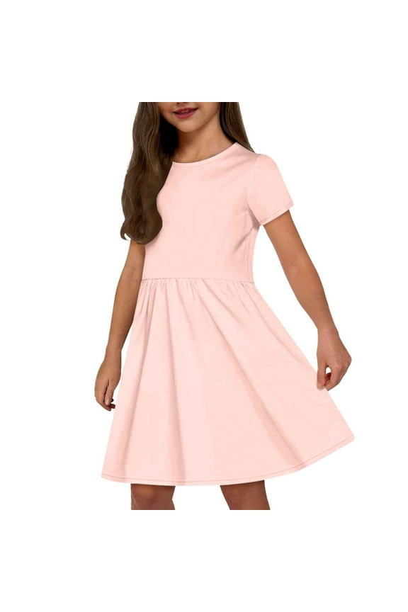 Girls' Dresses Fashion Solid Short Sleeve Casual Comfortable Pocket Kids Clothes