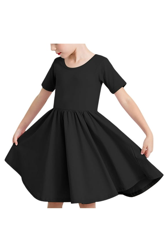 Girls' Dresses Fashion Solid Short Sleeve Casual Comfortable Pocket Kids Clothes