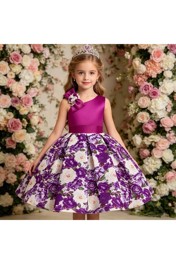 Girls Dresses Floral Print Crew Neck Sleeveless Fluffy Ruffle Bowknot Dress for Evening Gown Girls Dress Purple 3 Years-4 Years